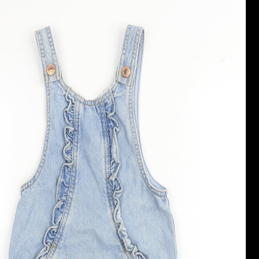 NEXT Girls Blue 100% Cotton Pinafore/Dungaree Dress Size 4 Years Round Neck Snap
