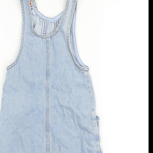 NEXT Girls Blue 100% Cotton Pinafore/Dungaree Dress Size 4 Years Round Neck Snap