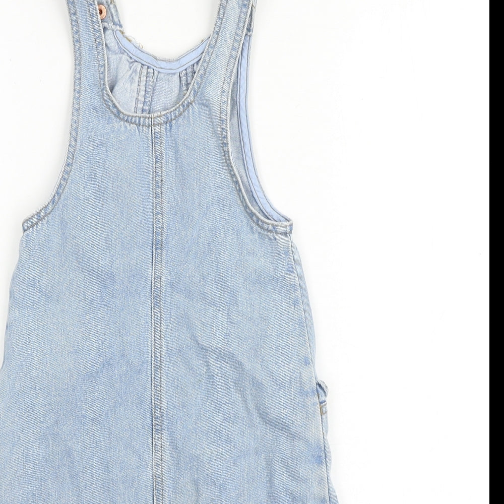 NEXT Girls Blue 100% Cotton Pinafore/Dungaree Dress Size 4 Years Round Neck Snap