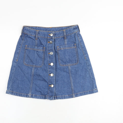 H&M Womens Blue Cotton A-Line Skirt Size 6 Button