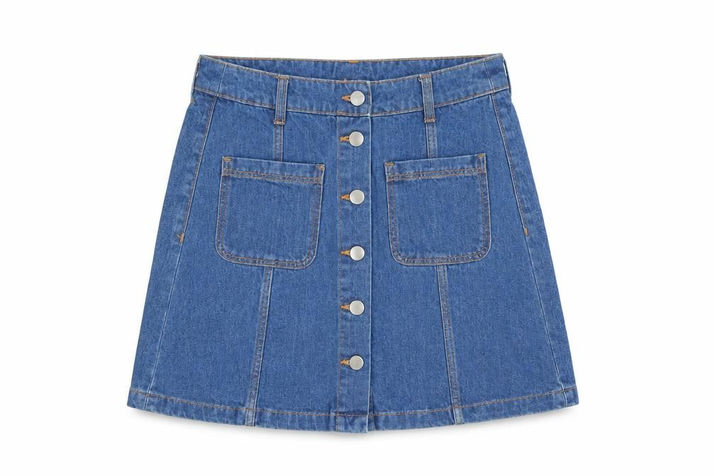 Front view of H&M women’s blue cotton a-line skirt, size UK 6, button
