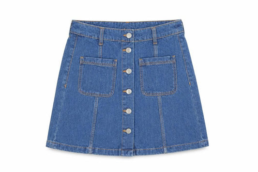 Front view of H&M women’s blue cotton a-line skirt, size UK 6, button