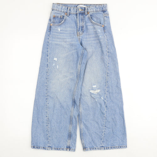 Zara Girls Blue 100% Cotton Wide-Leg Jeans Size 10 Years Regular Zip