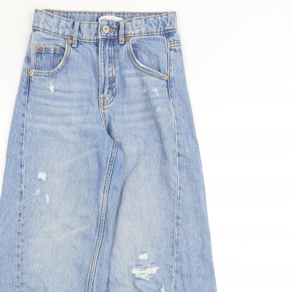 Zara Girls Blue 100% Cotton Wide-Leg Jeans Size 10 Years Regular Zip
