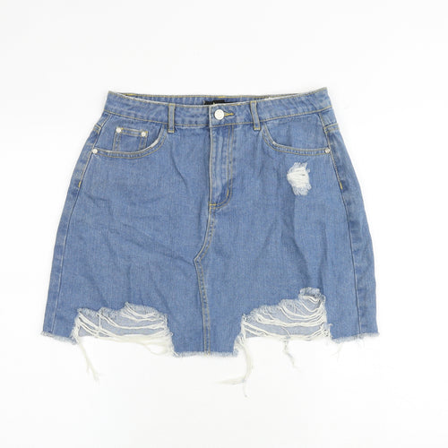 Missguided Womens Blue Cotton A-Line Skirt Size 10 Zip - Distressed Look