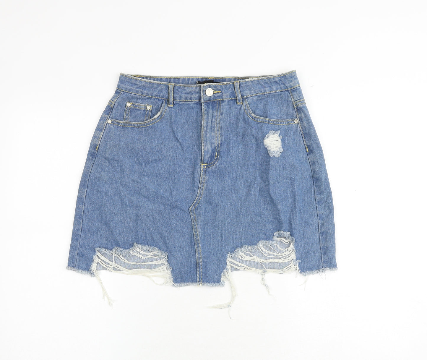 Missguided Womens Blue Cotton A-Line Skirt Size 10 Zip - Distressed Look