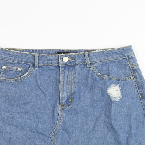 Missguided Womens Blue Cotton A-Line Skirt Size 10 Zip - Distressed Look
