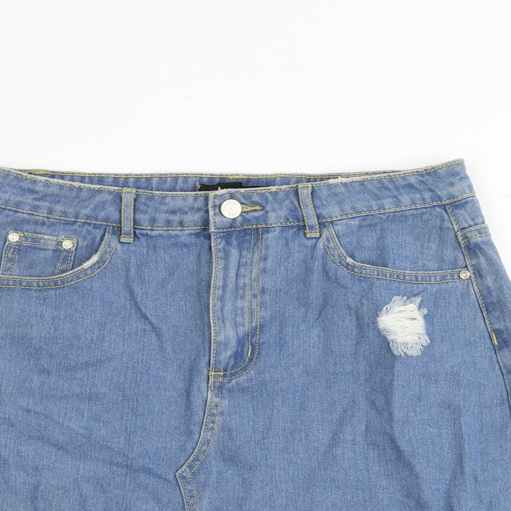 Missguided Womens Blue Cotton A-Line Skirt Size 10 Zip - Distressed Look