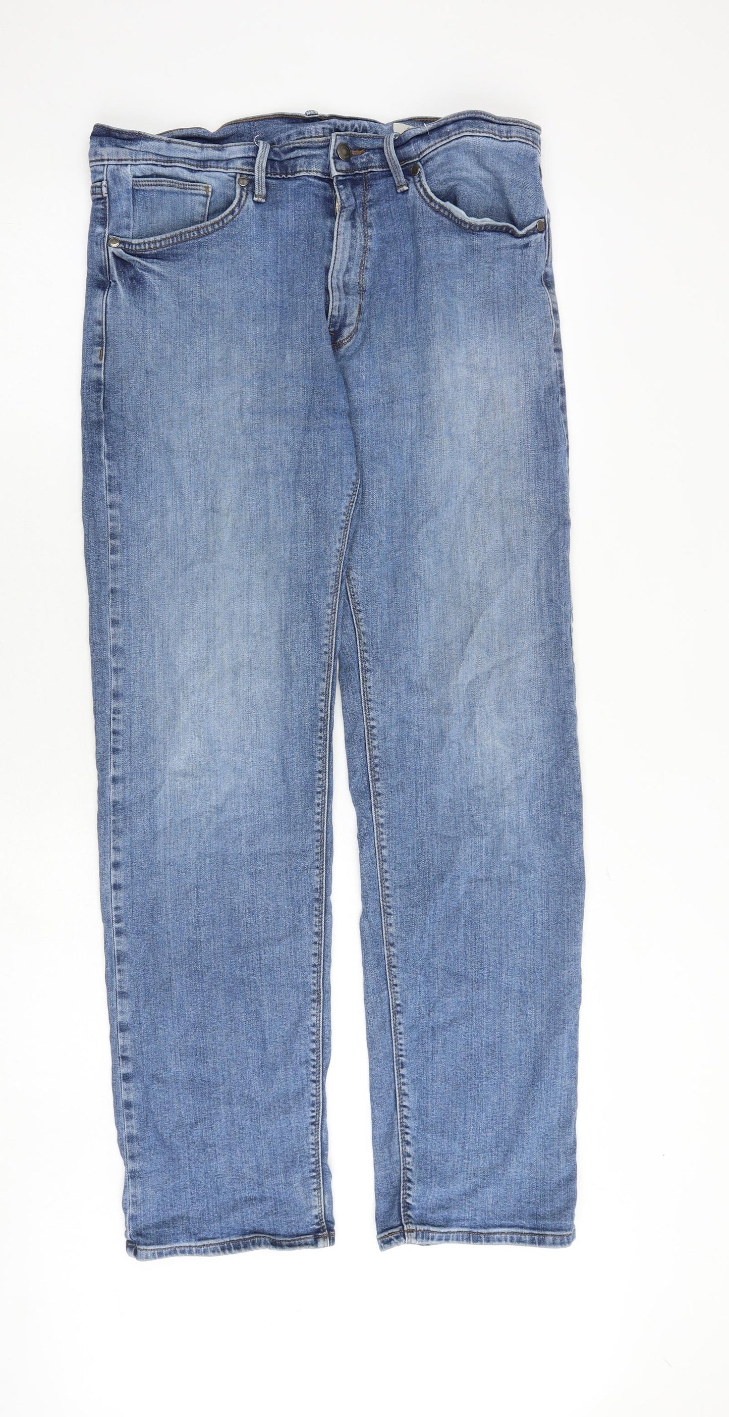 Marks and Spencer Mens Blue Cotton Straight Jeans Size 34 in L31 in Regular Zip
