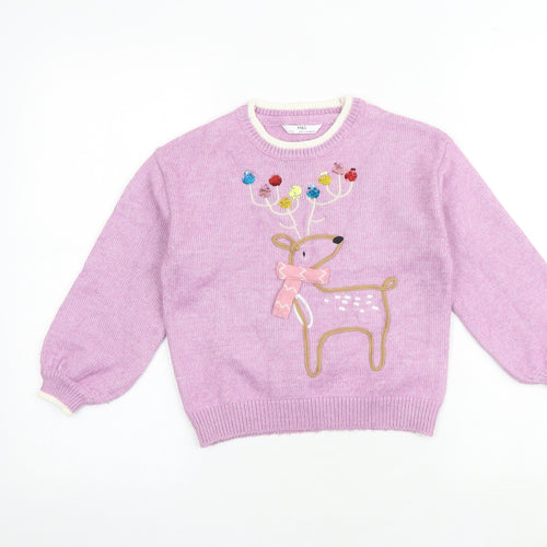 Marks and Spencer Girls Purple Round Neck Acrylic Pullover Jumper Size 6-7 Years Pullover - Reindeer Christmas