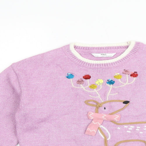 Marks and Spencer Girls Purple Round Neck Acrylic Pullover Jumper Size 6-7 Years Pullover - Reindeer Christmas