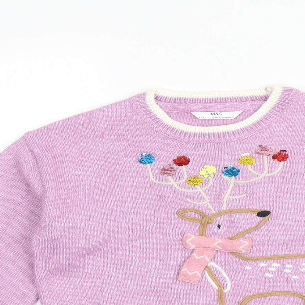 Marks and Spencer Girls Purple Round Neck Acrylic Pullover Jumper Size 6-7 Years Pullover - Reindeer Christmas