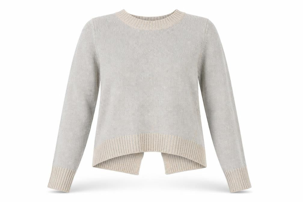Front view of River Island women’s pink round neck viscose jumper, size UK 12, - open back