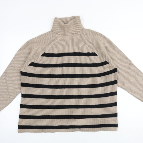 Marks and Spencer Womens Brown Mock Neck Striped Viscose Pullover Jumper Size L
