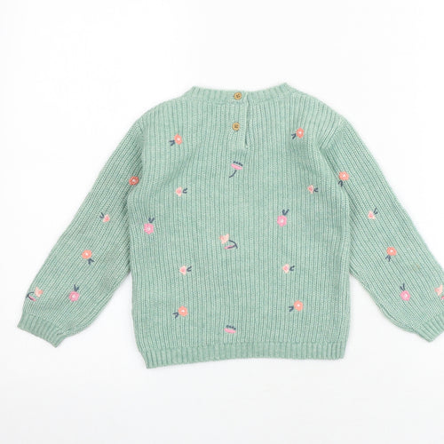 Marks and Spencer Girls Green Round Neck Floral Polyamide Pullover Jumper Size 2-3 Years Pullover