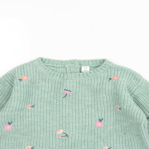 Marks and Spencer Girls Green Round Neck Floral Polyamide Pullover Jumper Size 2-3 Years Pullover
