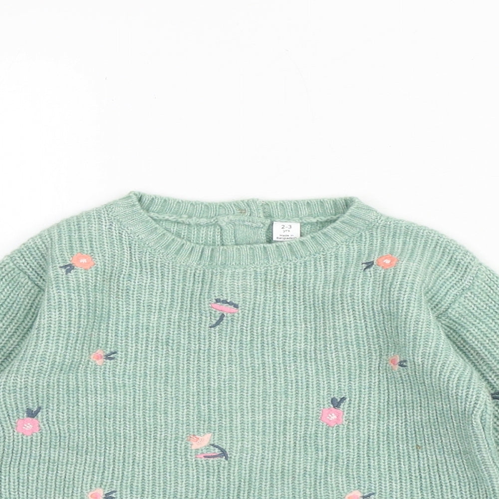 Marks and Spencer Girls Green Round Neck Floral Polyamide Pullover Jumper Size 2-3 Years Pullover