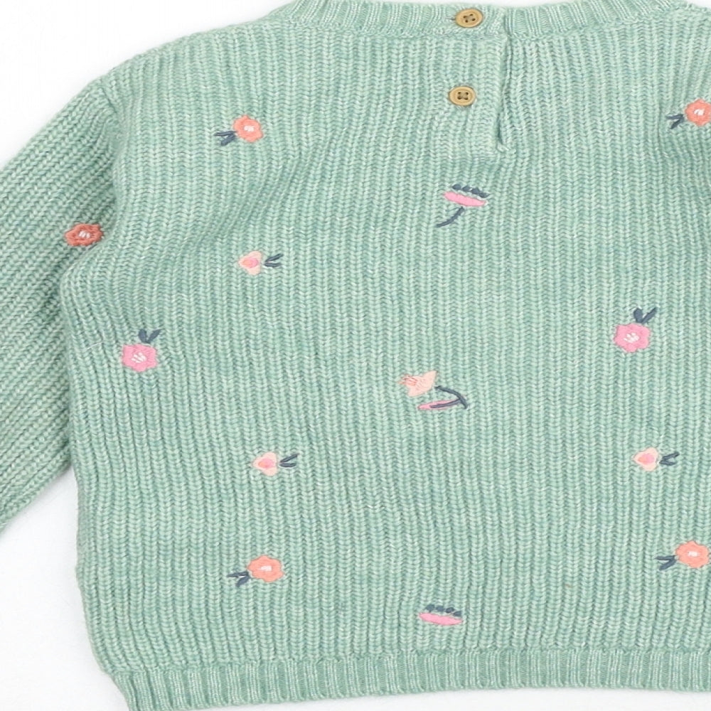 Marks and Spencer Girls Green Round Neck Floral Polyamide Pullover Jumper Size 2-3 Years Pullover