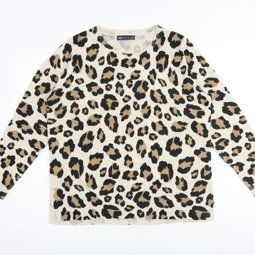 Marks and Spencer Womens Beige Round Neck Animal Print Acrylic Pullover Jumper Size 16 - Leopard Print