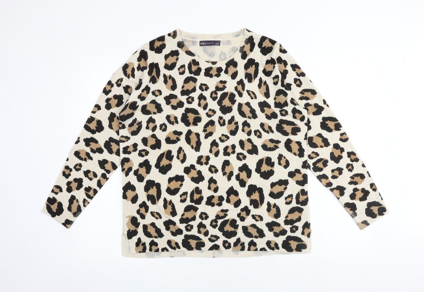 Marks and Spencer Womens Beige Round Neck Animal Print Acrylic Pullover Jumper Size 16 - Leopard Print