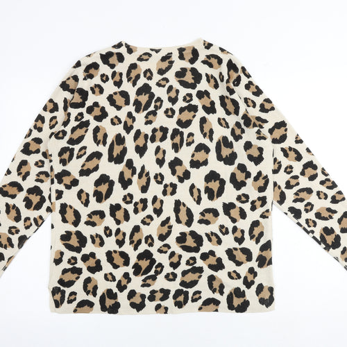 Marks and Spencer Womens Beige Round Neck Animal Print Acrylic Pullover Jumper Size 16 - Leopard Print