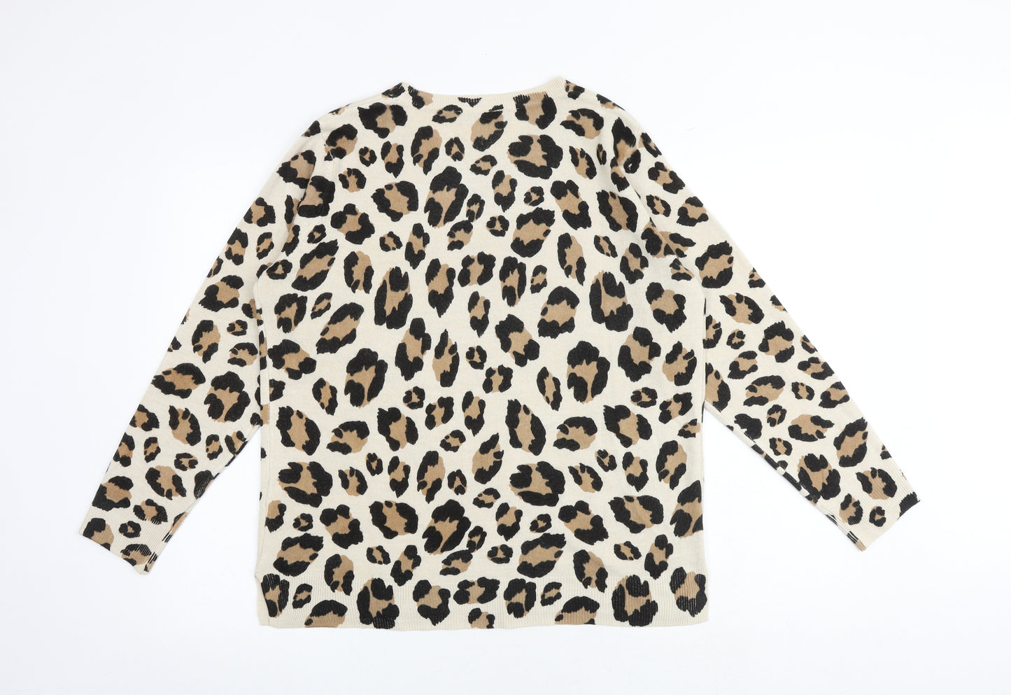 Marks and Spencer Womens Beige Round Neck Animal Print Acrylic Pullover Jumper Size 16 - Leopard Print