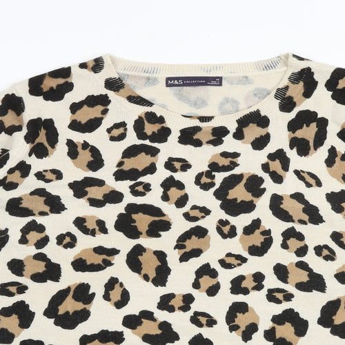 Marks and Spencer Womens Beige Round Neck Animal Print Acrylic Pullover Jumper Size 16 - Leopard Print