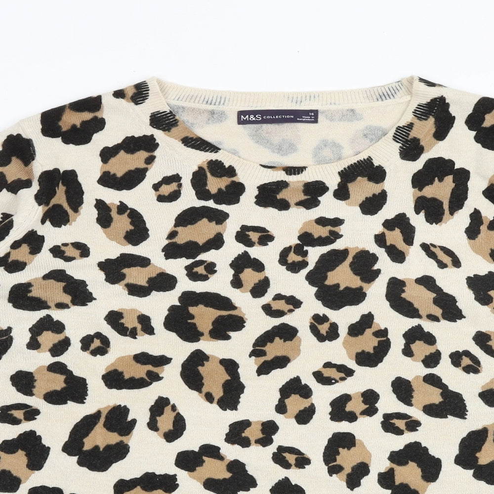 Marks and Spencer Womens Beige Round Neck Animal Print Acrylic Pullover Jumper Size 16 - Leopard Print