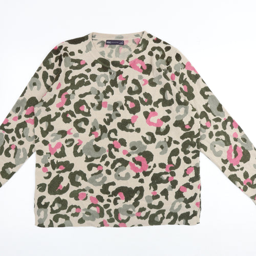 Marks and Spencer Womens Multicoloured Round Neck Animal Print Acrylic Pullover Jumper Size 14 - Leopard Print