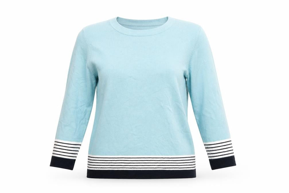 Front view of Country Casuals women’s blue round neck viscose jumper, size M