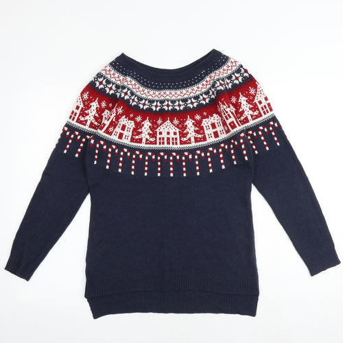 NEXT Womens Blue Round Neck Geometric Acrylic Pullover Jumper Size 10 - Christmas Jumper