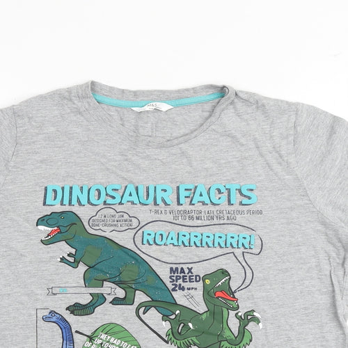 Marks and Spencer Boys Grey Cotton Basic T-Shirt Size 13-14 Years Round Neck Pullover - Dinosaur