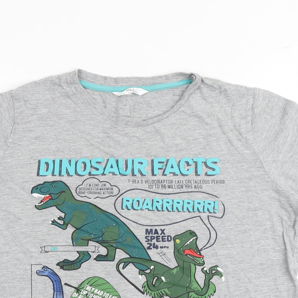 Marks and Spencer Boys Grey Cotton Basic T-Shirt Size 13-14 Years Round Neck Pullover - Dinosaur