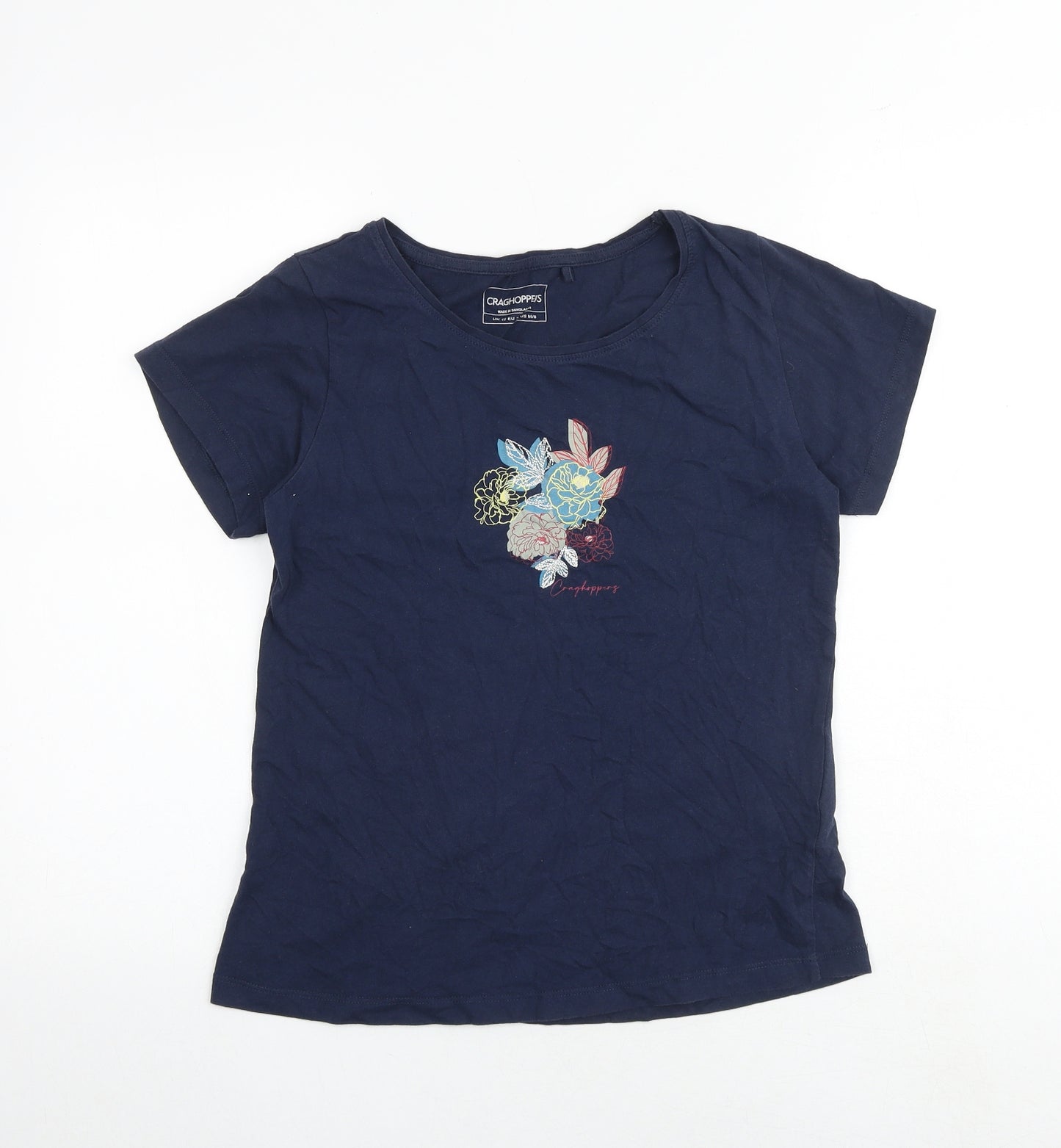 Craghoppers Womens Blue 100% Cotton Basic T-Shirt Size 12 Boat Neck - Floral Detail