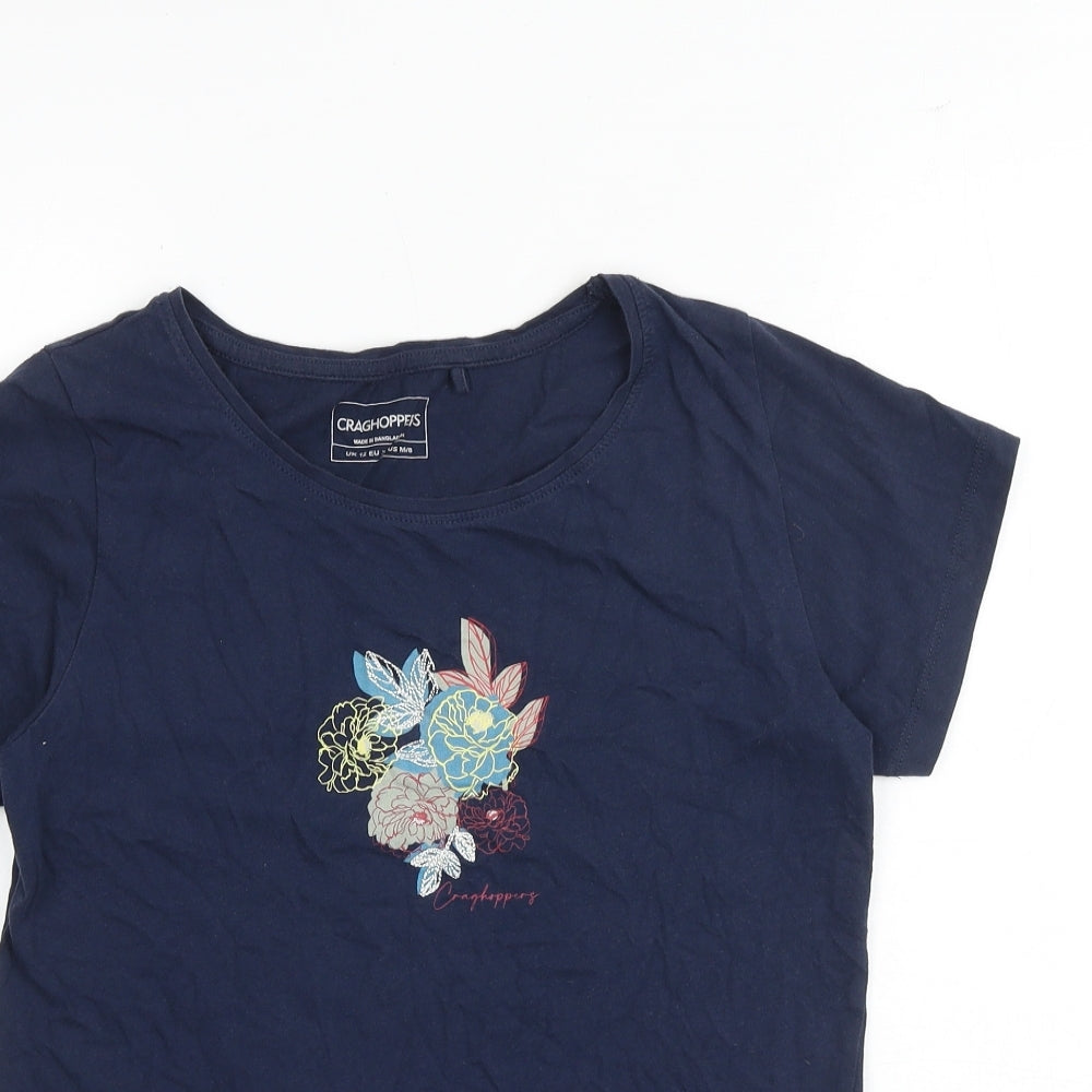 Craghoppers Womens Blue 100% Cotton Basic T-Shirt Size 12 Boat Neck - Floral Detail