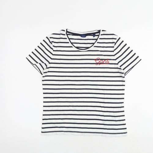 GANT Womens White Striped 100% Cotton Basic T-Shirt Size S Round Neck