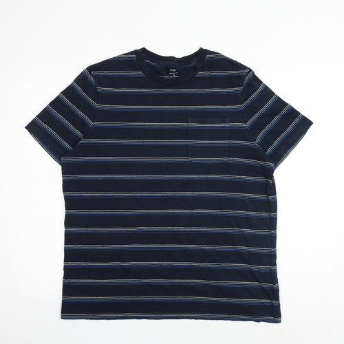 Marks and Spencer Mens Blue Striped Cotton T-Shirt Size XL Round Neck