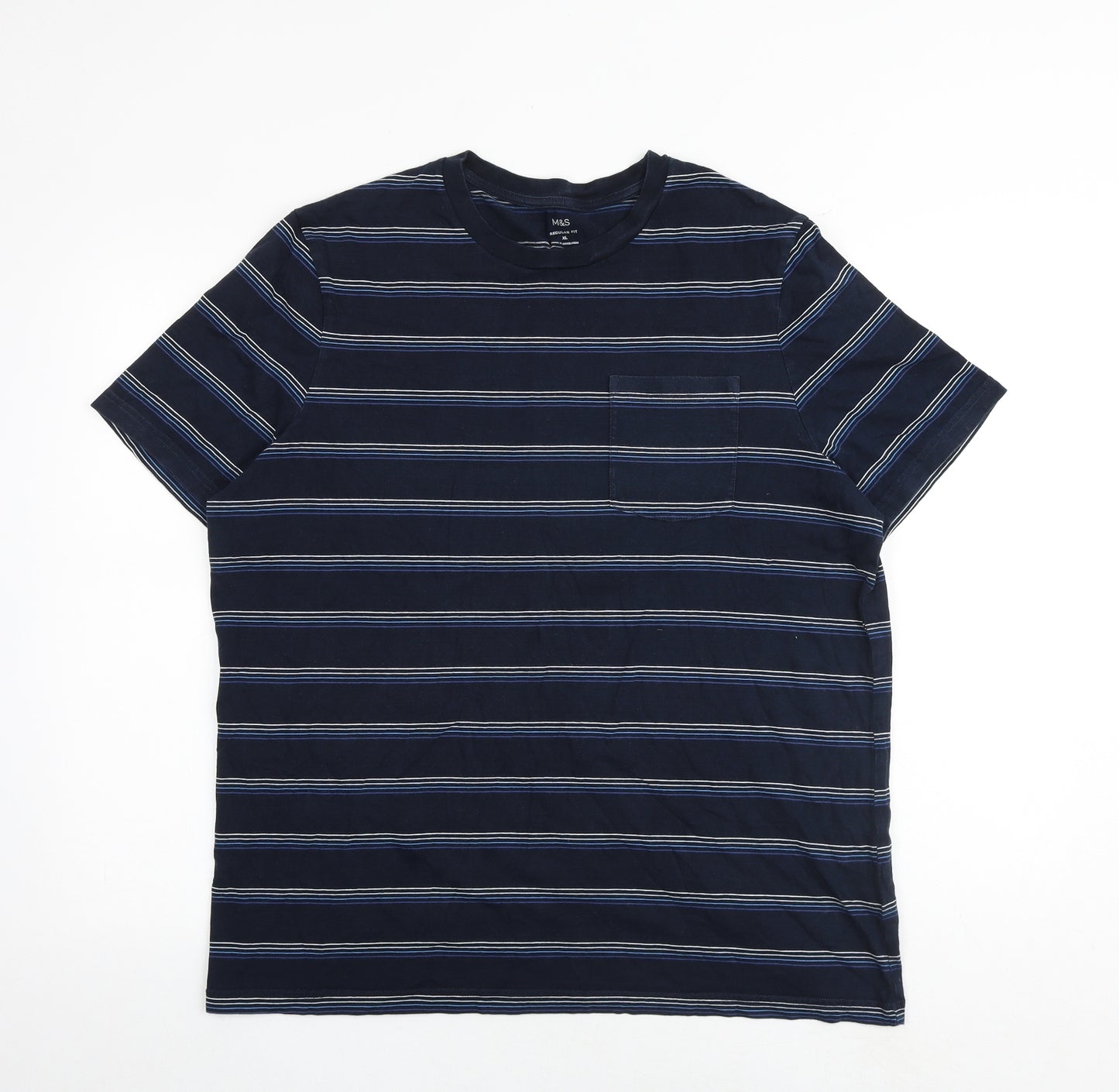 Marks and Spencer Mens Blue Striped Cotton T-Shirt Size XL Round Neck