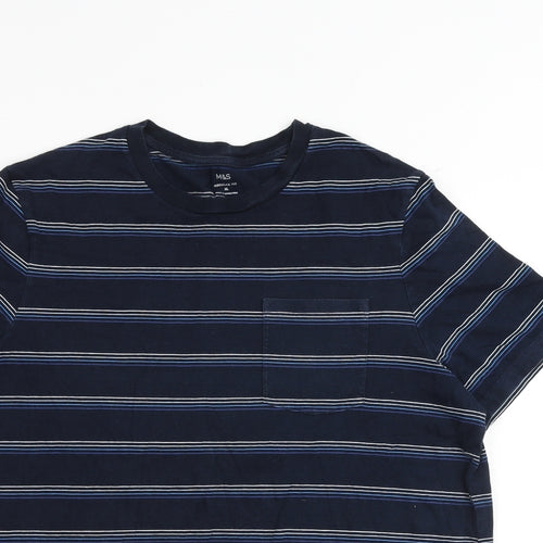 Marks and Spencer Mens Blue Striped Cotton T-Shirt Size XL Round Neck