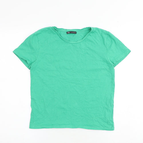 Zara Womens Green Cotton Basic T-Shirt Size M Round Neck