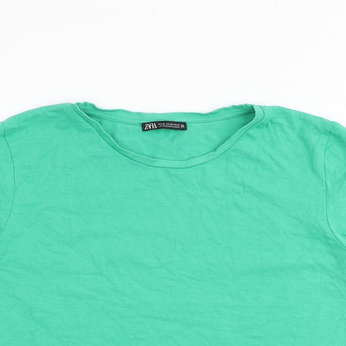 Zara Womens Green Cotton Basic T-Shirt Size M Round Neck