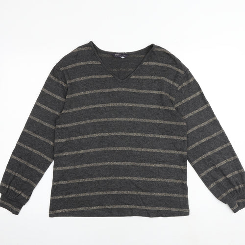 Marks and Spencer Womens Grey V-Neck Striped Viscose Pullover Jumper Size 8
