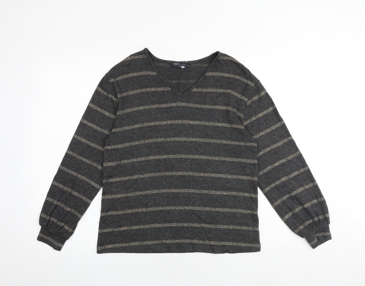 Marks and Spencer Womens Grey V-Neck Striped Viscose Pullover Jumper Size 8