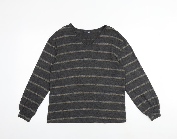 Marks and Spencer Womens Grey V-Neck Striped Viscose Pullover Jumper Size 8