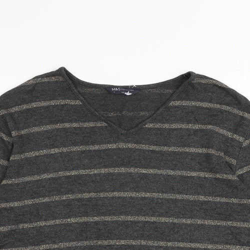 Marks and Spencer Womens Grey V-Neck Striped Viscose Pullover Jumper Size 8