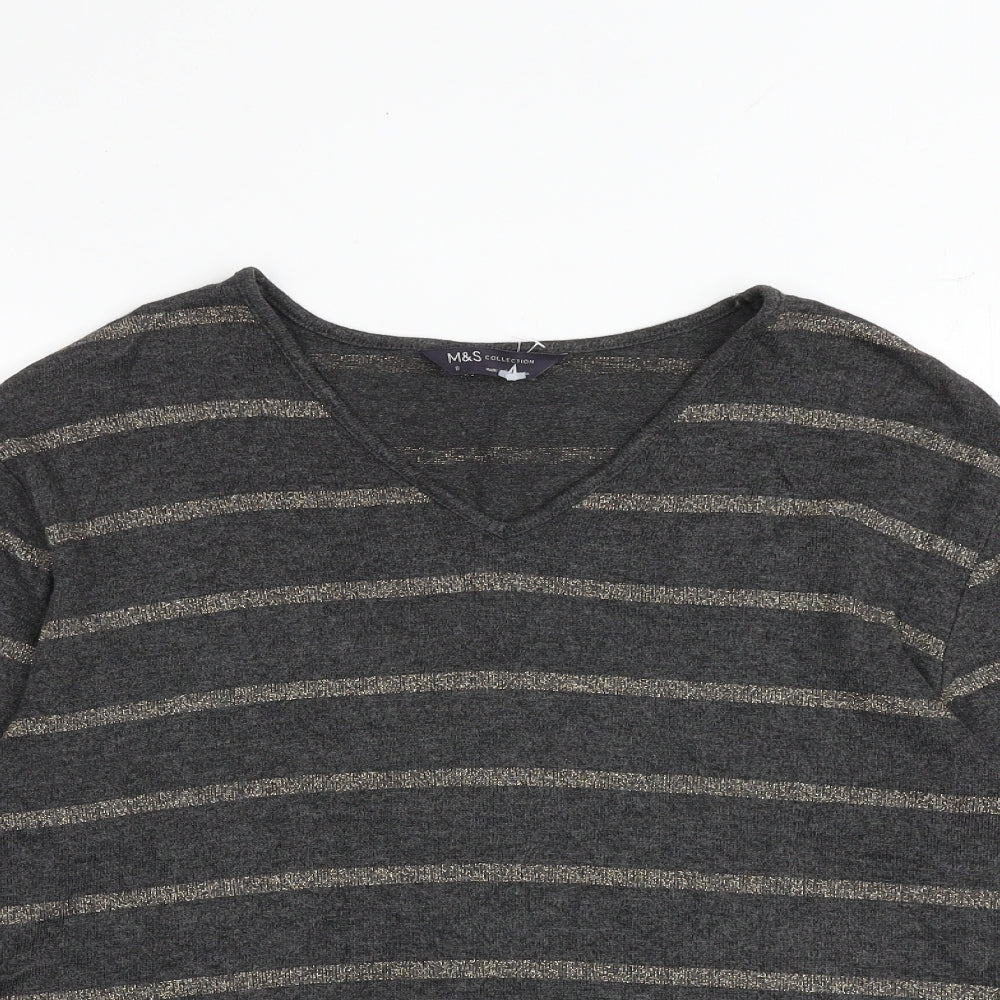 Marks and Spencer Womens Grey V-Neck Striped Viscose Pullover Jumper Size 8