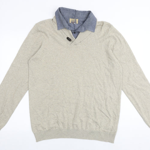 North Coast Mens Beige Collared Cotton Pullover Jumper Size L Long Sleeve