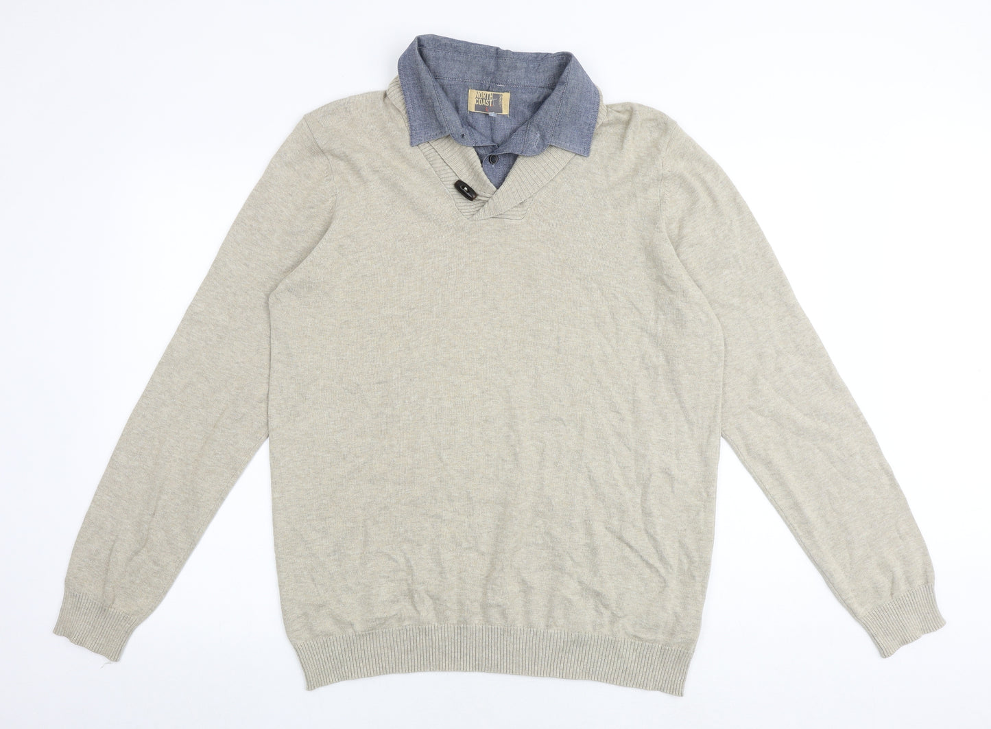 North Coast Mens Beige Collared Cotton Pullover Jumper Size L Long Sleeve