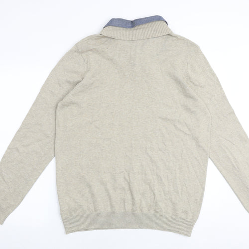 North Coast Mens Beige Collared Cotton Pullover Jumper Size L Long Sleeve
