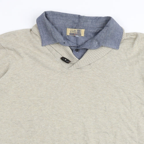 North Coast Mens Beige Collared Cotton Pullover Jumper Size L Long Sleeve